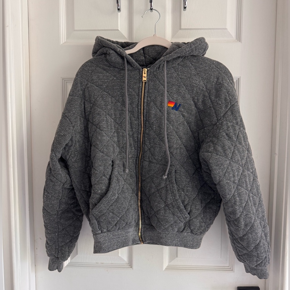 Aviator Nation - Relaxed Quilted Zip Hoodie Jacket - Gray - Small